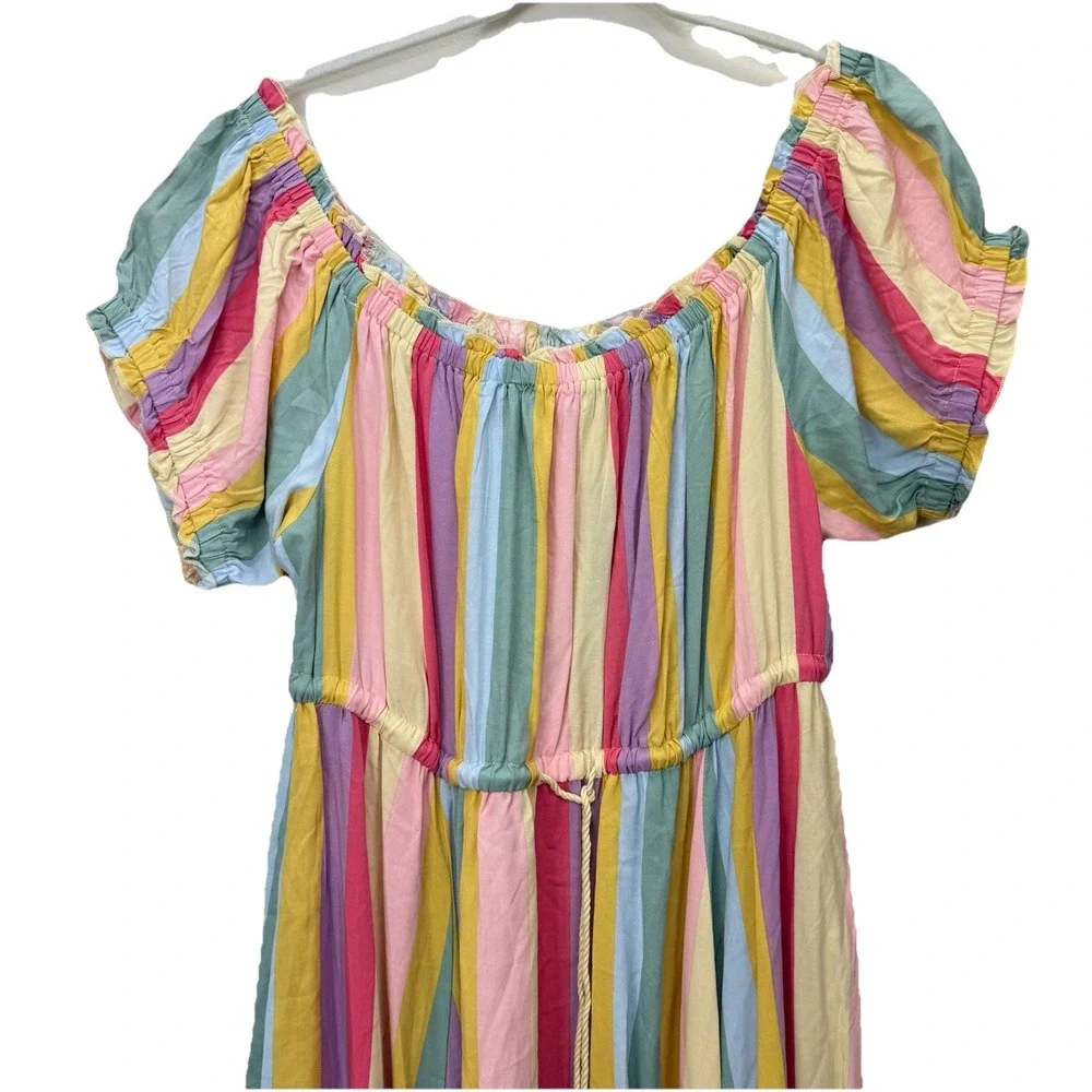 Torrid Pastel Stripes M Challis Off‎ Shoulder Midi Dress Size 2X Pockets Tassels